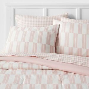 7pc Queen Dash Stripe Printed Microfiber Reversibl Ivory/Light Pink
